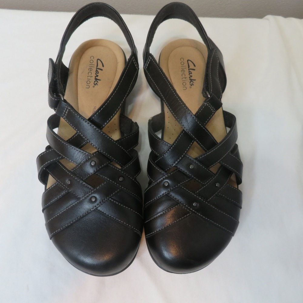 Clarks Collection Black Leather Strappy Caged Sandals Stud Slingback Flat 8.5W